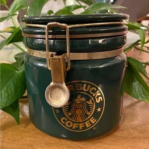 Vtg 1980s Starbucks Holiday Green Gold Logo Ceramic Sealed Coffee Canister Japan